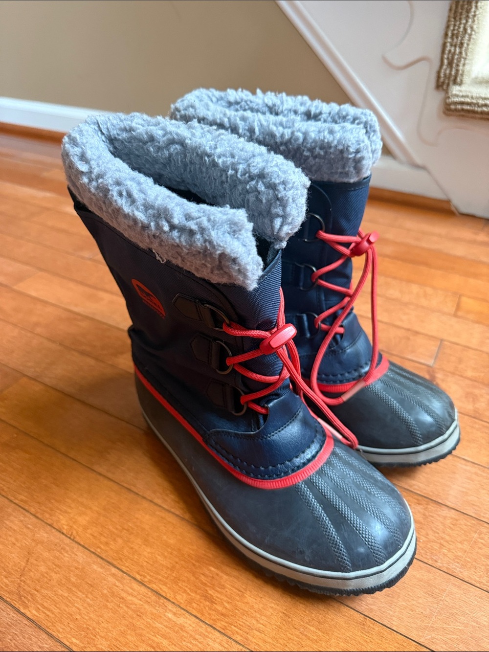 Sorel Navy and Gray Kids Winter Boots with Red Accents